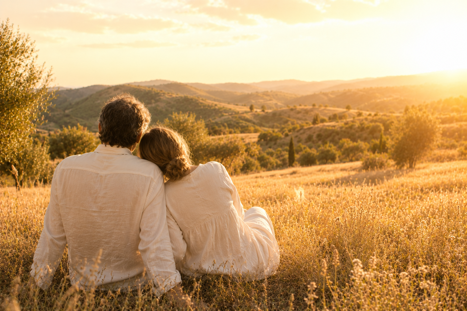 Pareja sentada en un prado al atardecer mirando el horizonte juntos