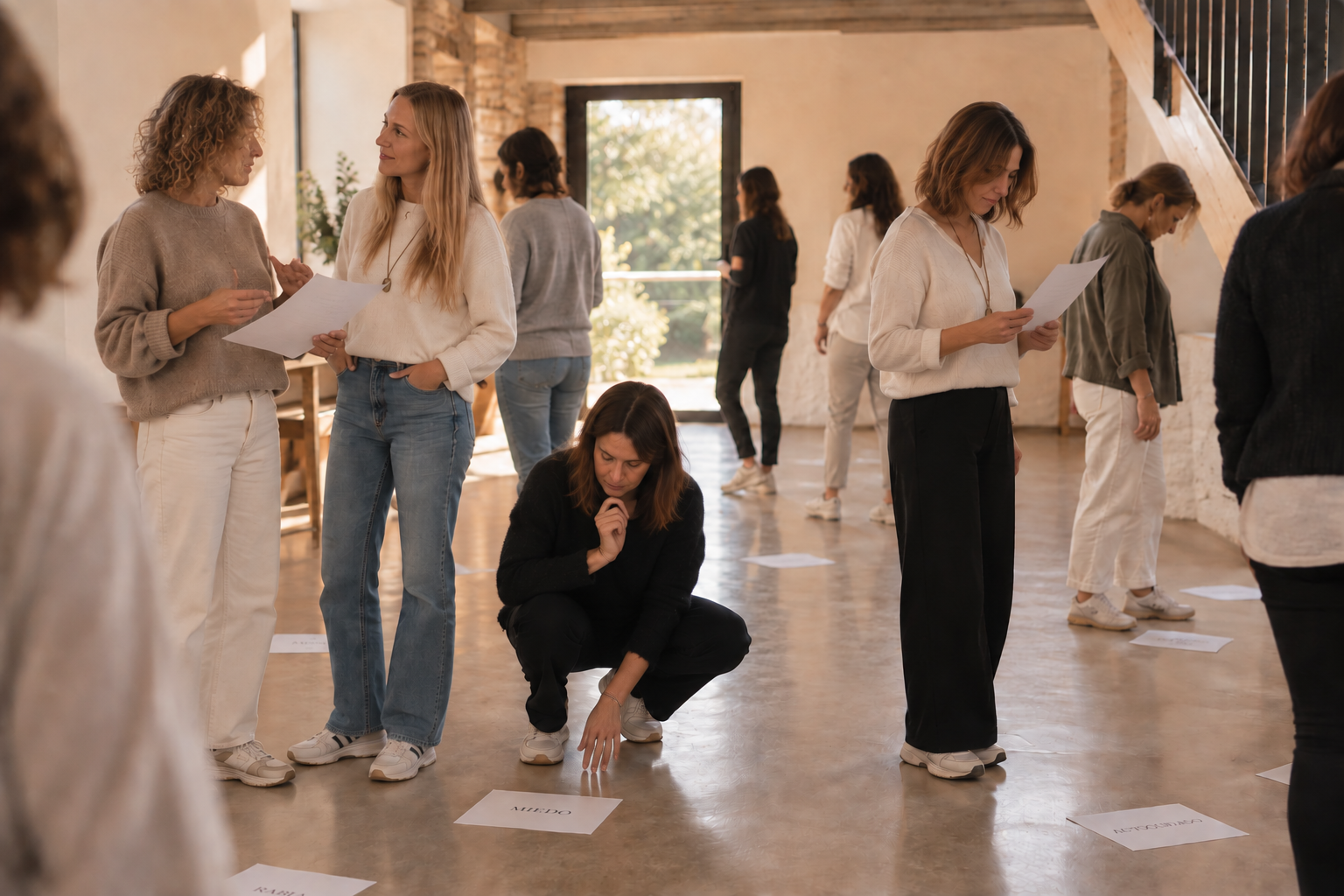 Mujeres realizando una dinámica con papeles repartidos por el suelo