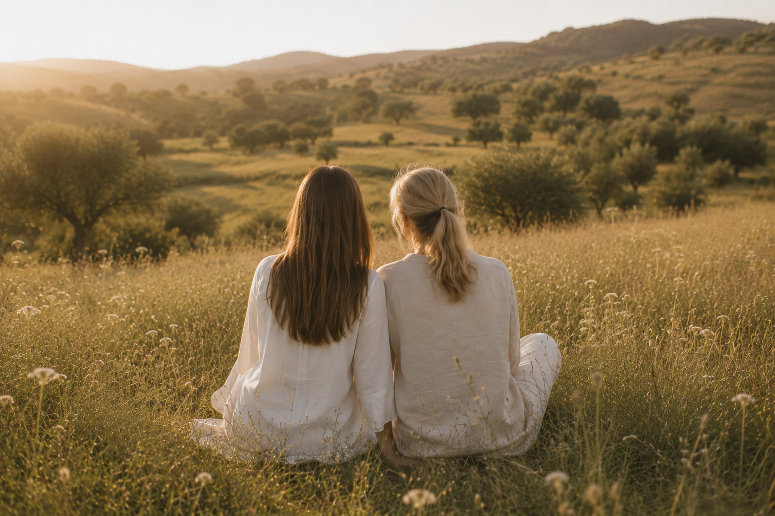 Madre e hija sentadas en un prado al atardecer
