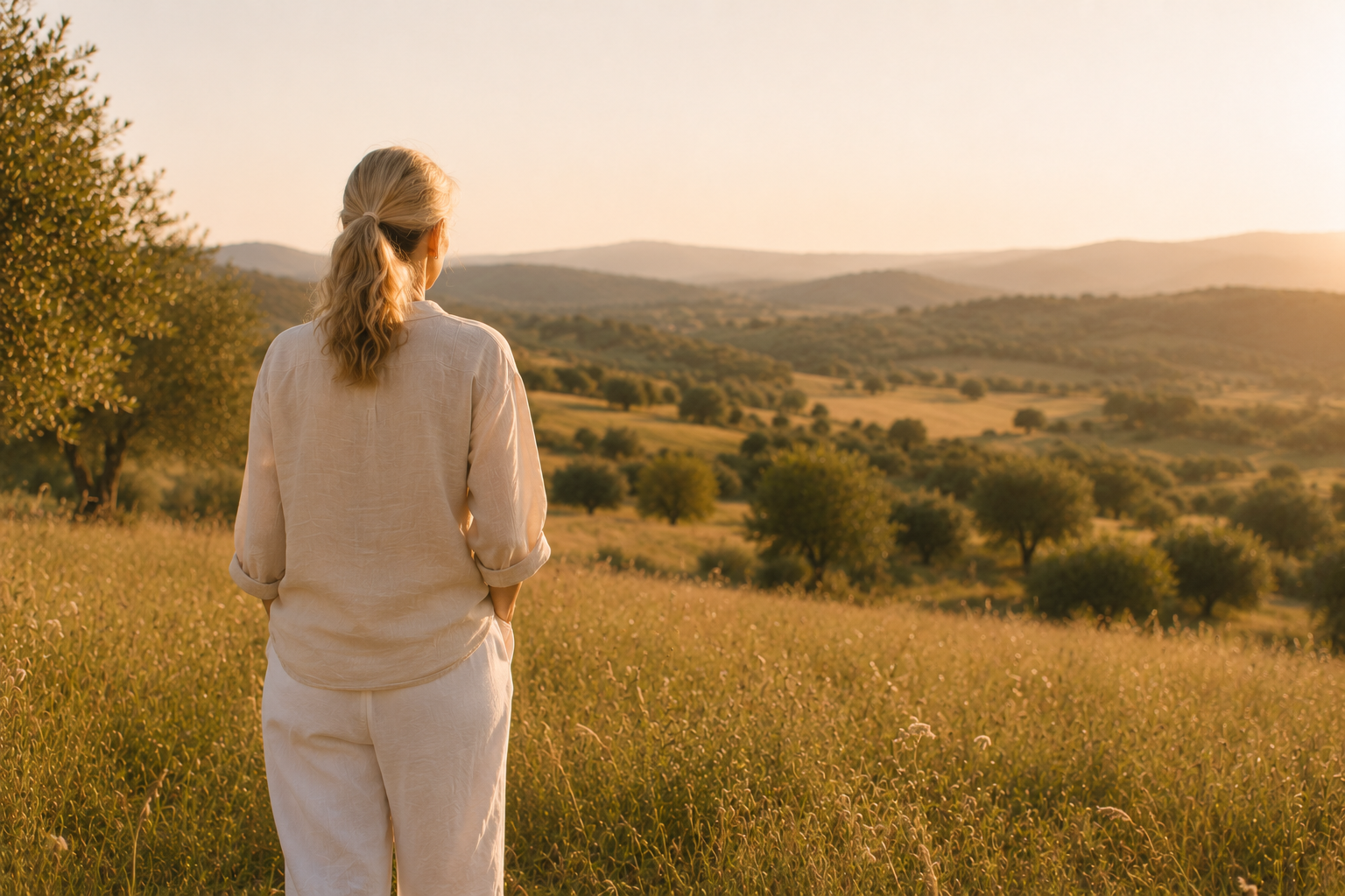 Mujer mirando el horizonte en un prado al atardecer