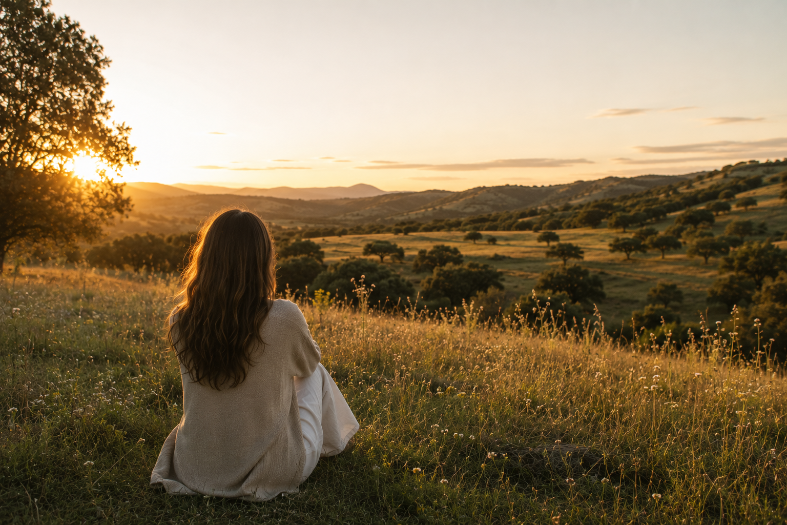Mujer contemplando el atardecer sobre un prado durante la experiencia ÚNICAS STOP