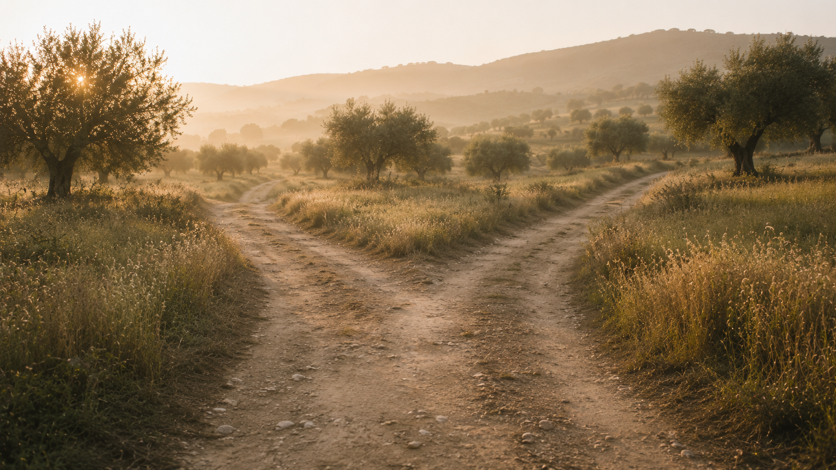 Camino que se divide en dos en medio de la naturaleza al atardecer