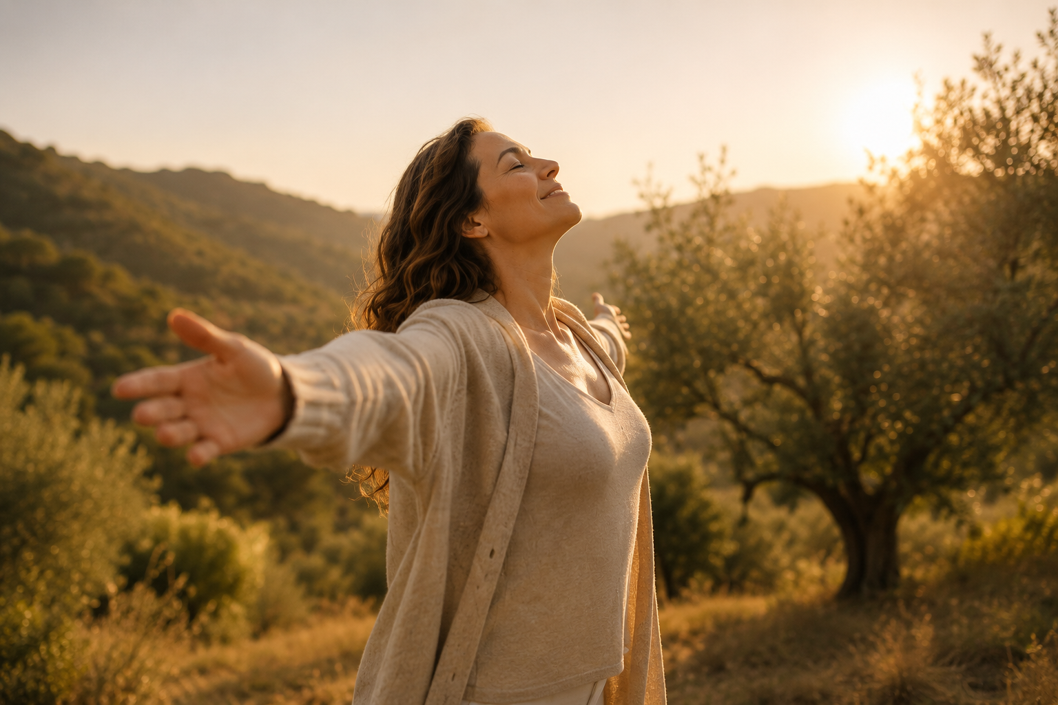 Mujer con los brazos abiertos al atardecer