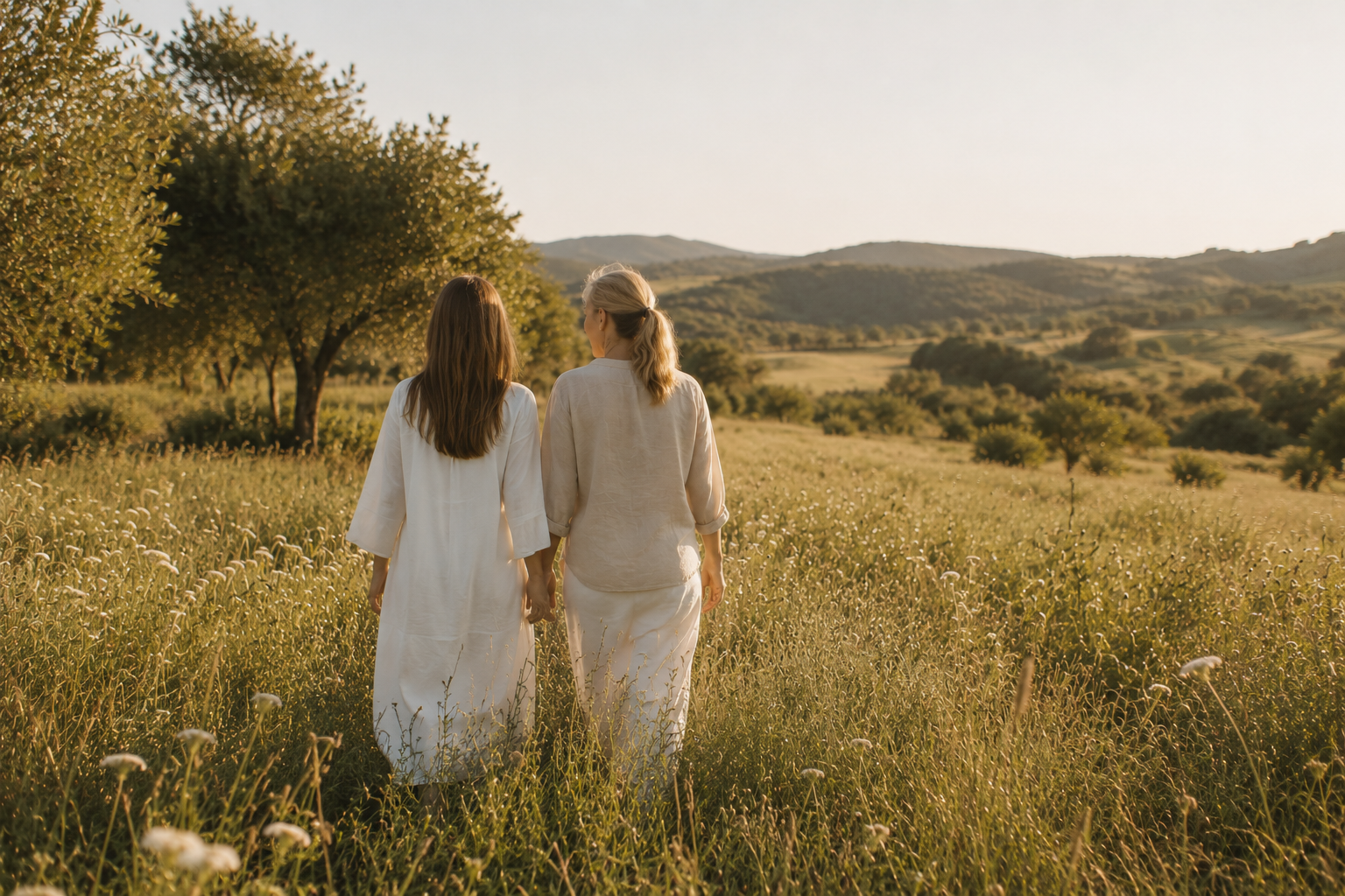 Madre e hija caminando por el prado al atardecer